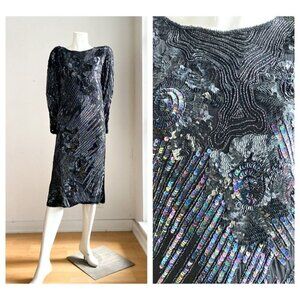 Vintage Silk Fully Beaded Geometric Floral Print Tunic  Dress S